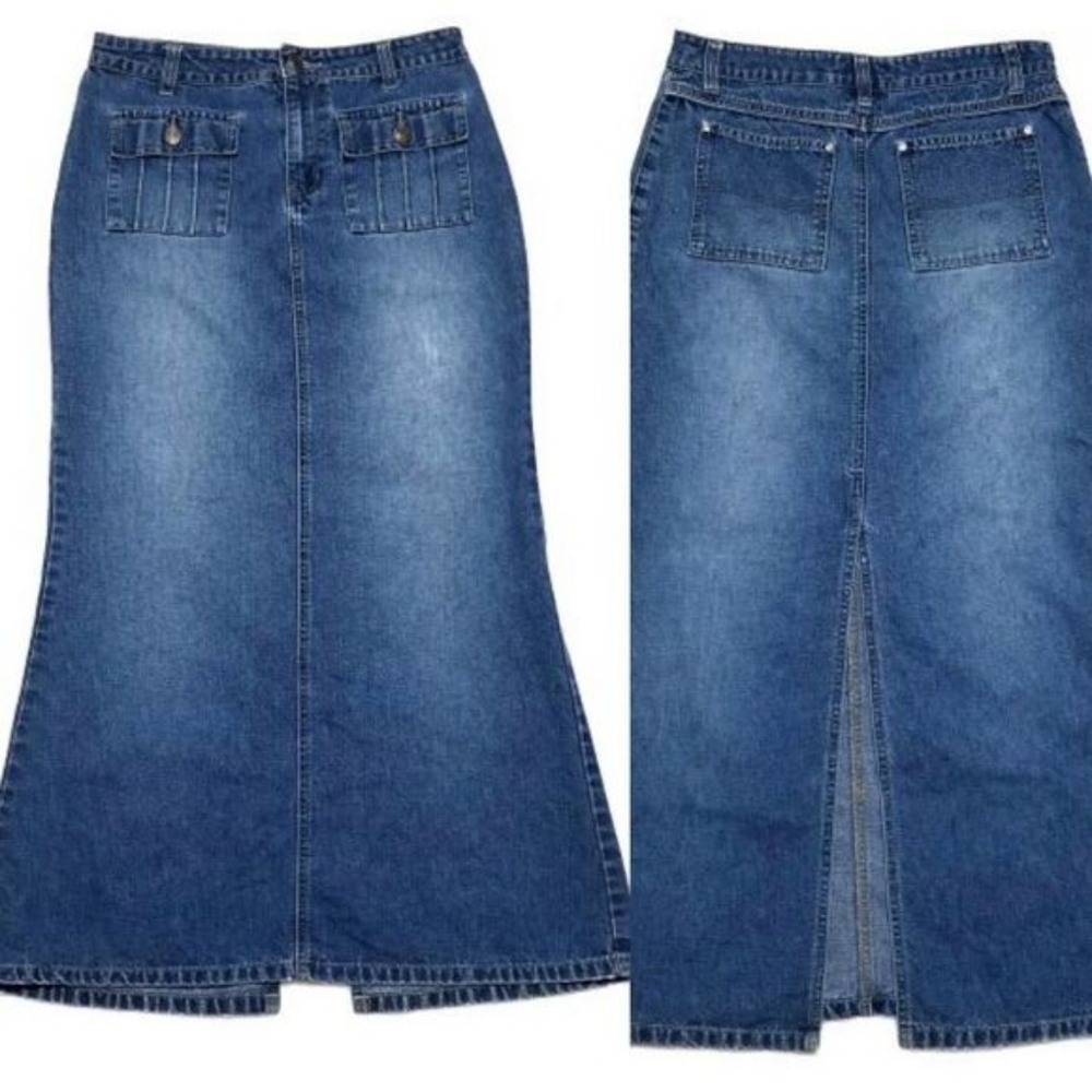 90s Vintage No Boundaries High Waisted Back Slit Maxi Denim Mermaid Skirt Small - Picture 2 of 10